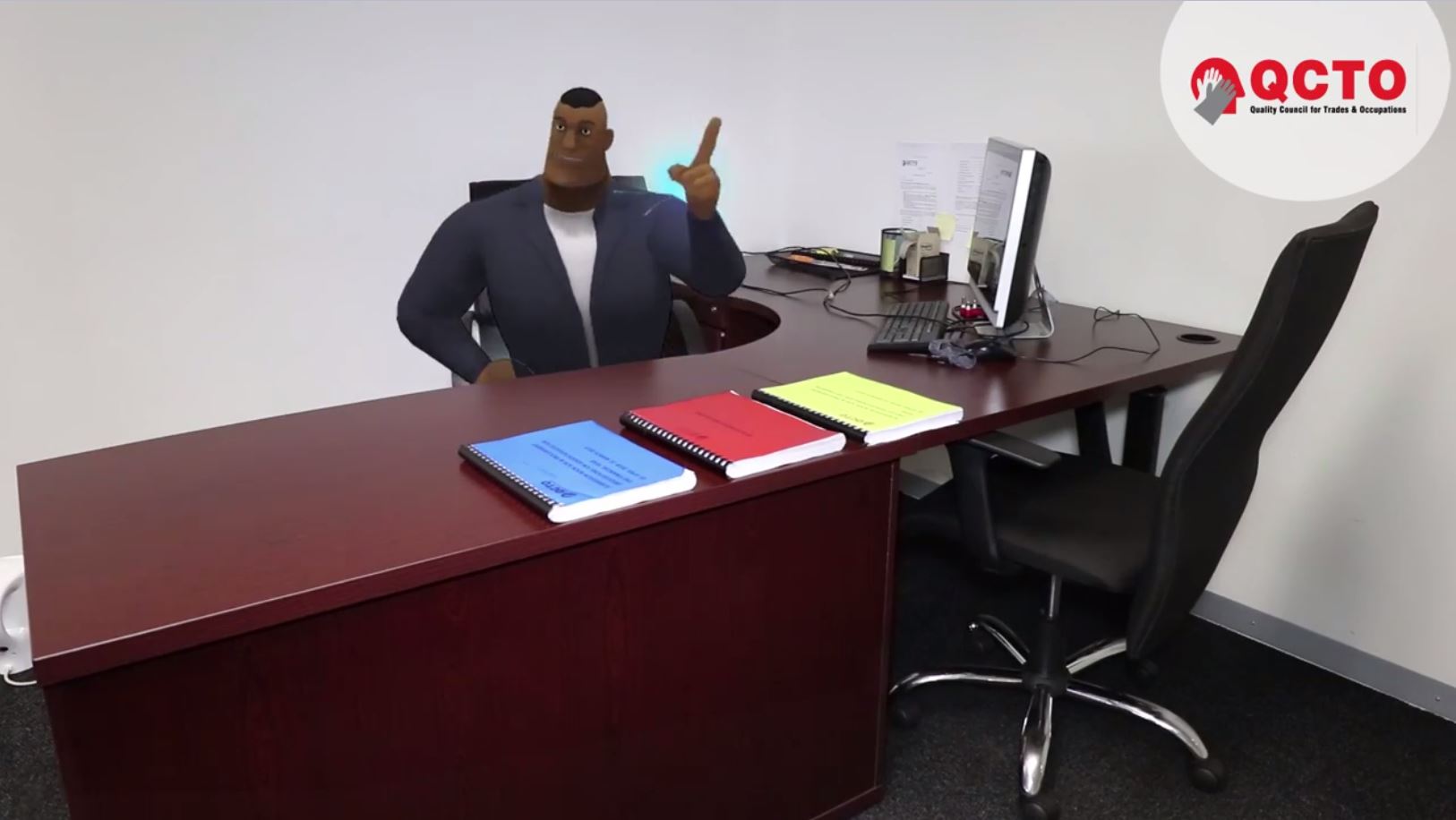 3D character animation sitting on desk