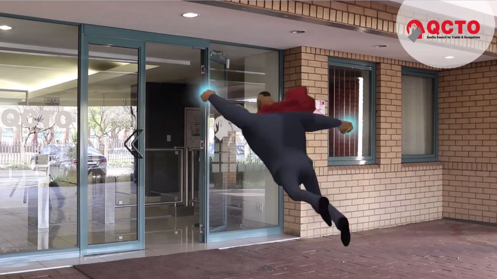3D character animation flying into building 