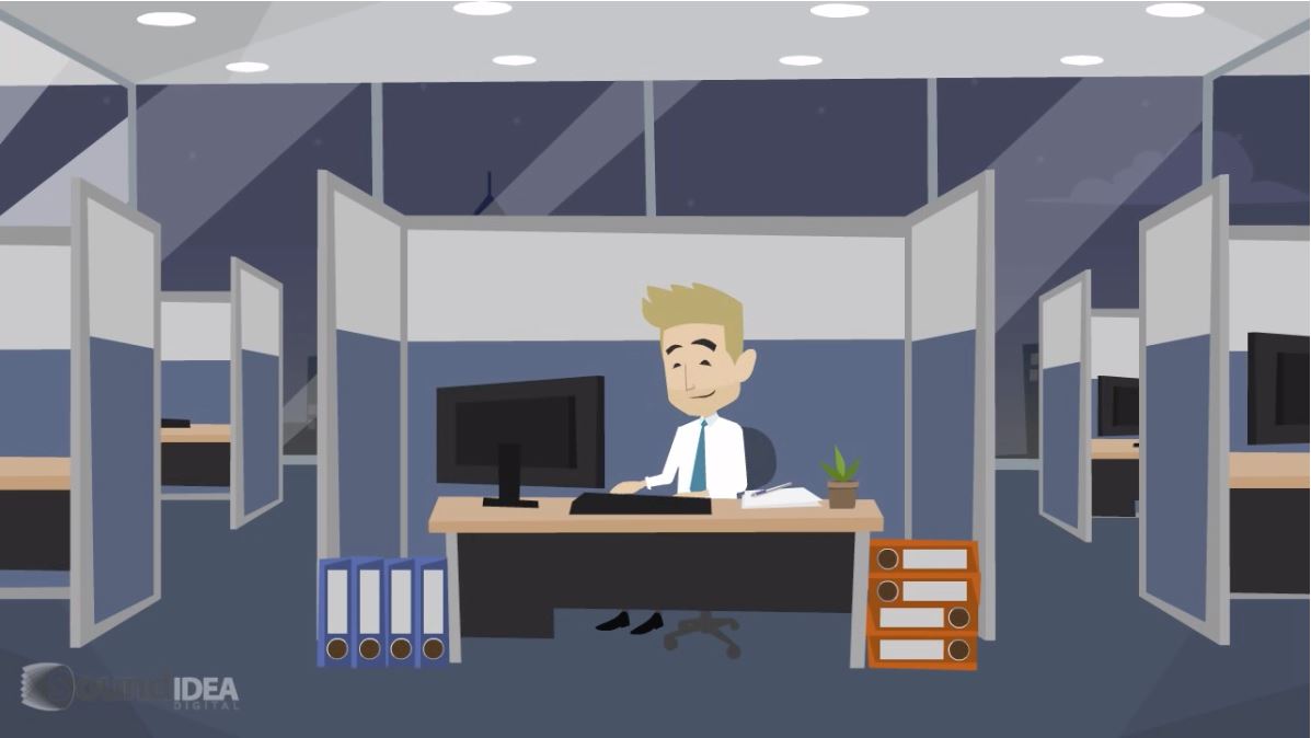 2D character animation sitting in an office